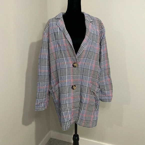 J. Jill Plaid Oversized Longline Cotton Blazer Red, White,‎ and Blue - Picture 1 of 12